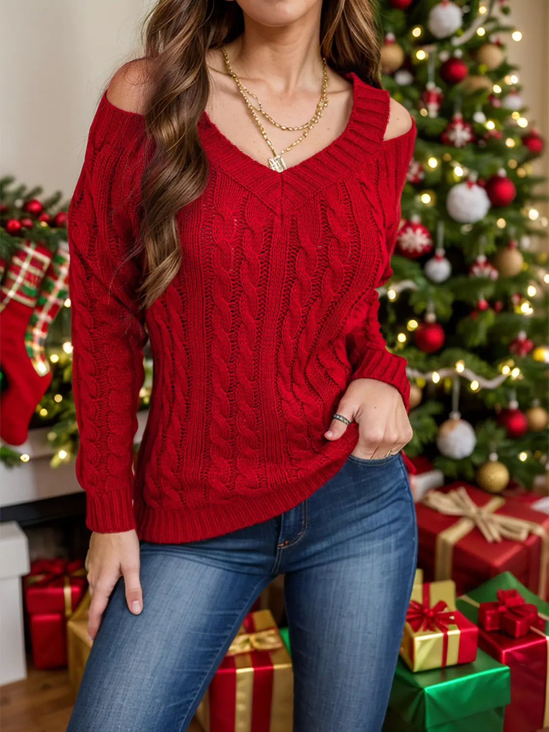 Honey Cable-Knit V-Neck Cold Shoulder Sweater Trendsi