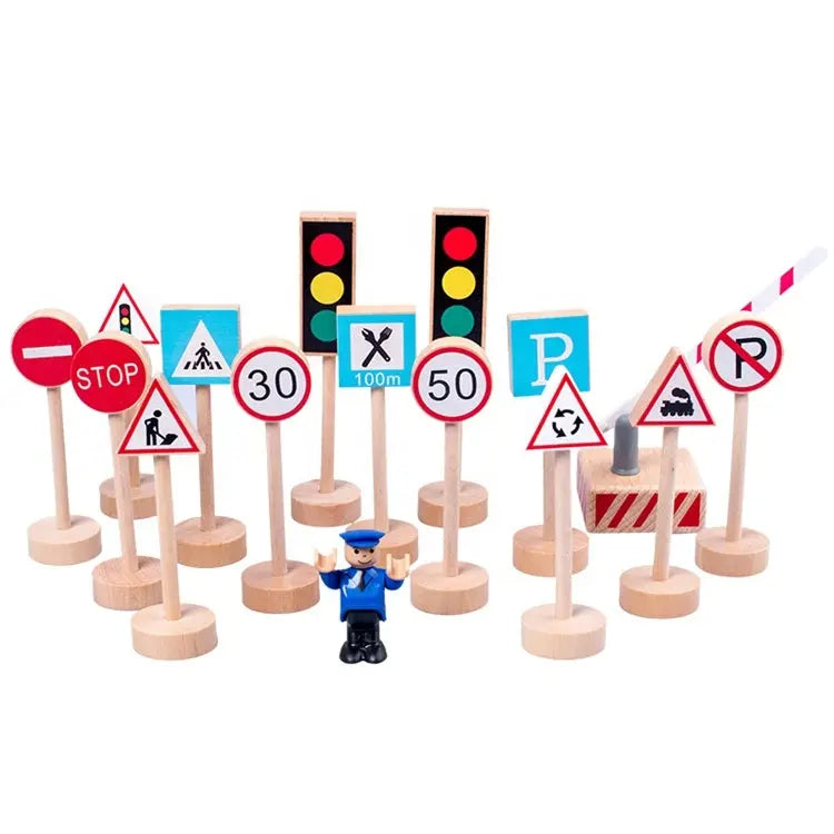 Wooden Road Traffic Signs 15 pcs Wood Pretend Toys for Kids Children Plum Clymene