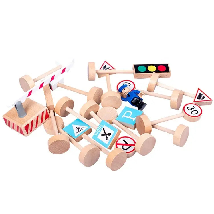 Wooden Road Traffic Signs 15 pcs Wood Pretend Toys for Kids Children Plum Clymene