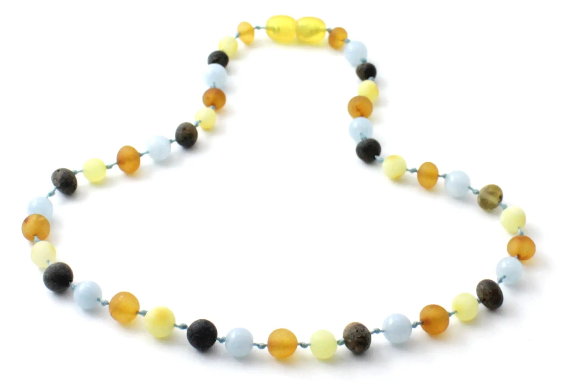 Raw Amber Necklace With Blue Aquamarine Gemstone Beads Plum Clymene