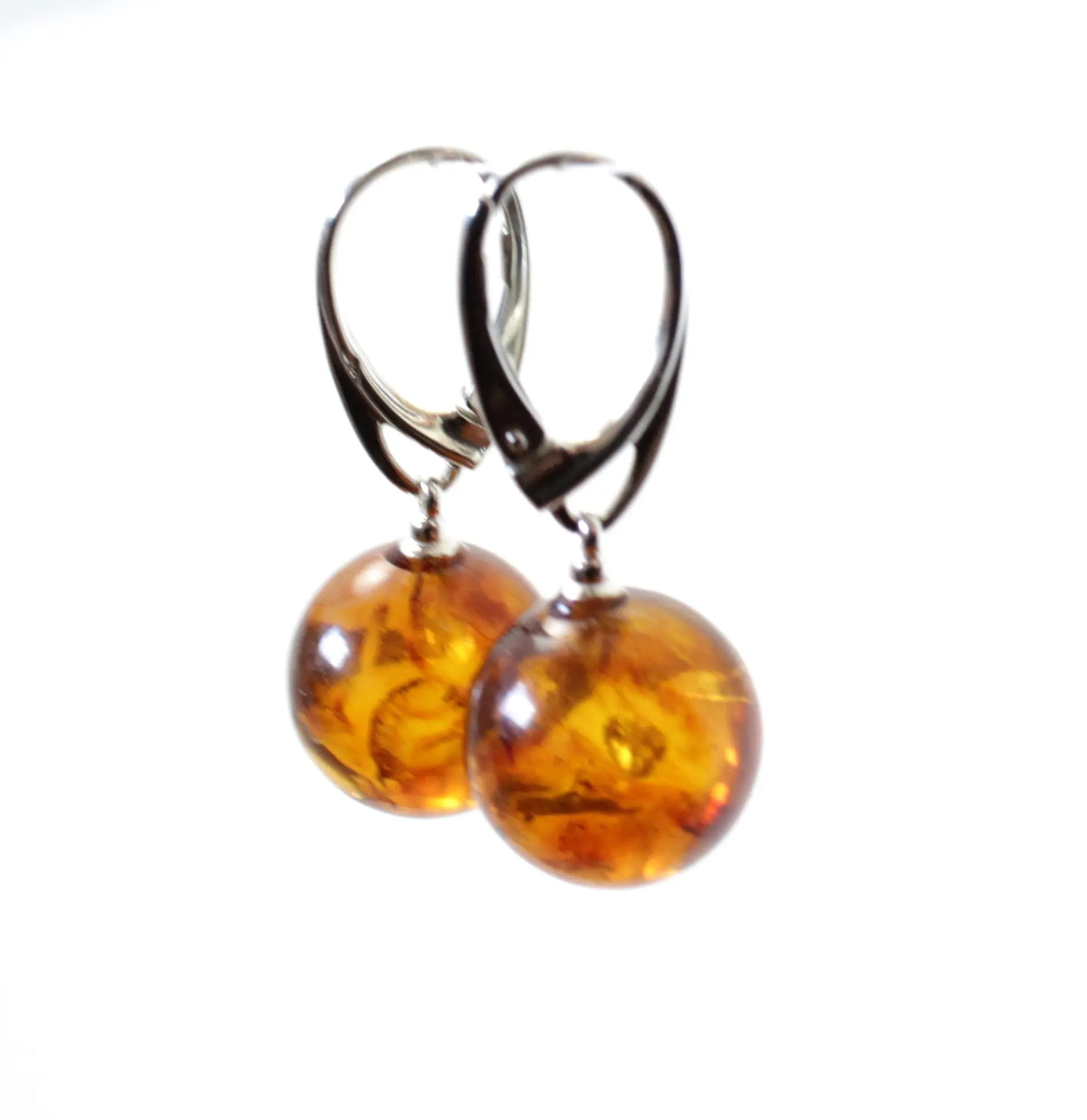 Round Baltic Amber Earrings With Sterling Silver Plum Clymene