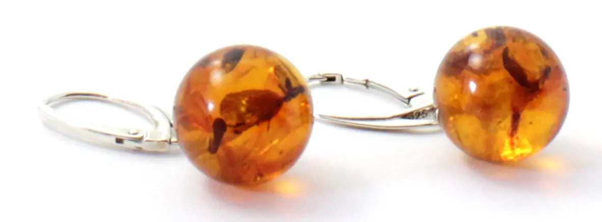 Round Baltic Amber Earrings With Sterling Silver Plum Clymene