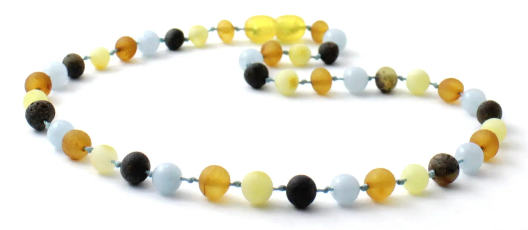 Raw Amber Necklace With Blue Aquamarine Gemstone Beads Plum Clymene