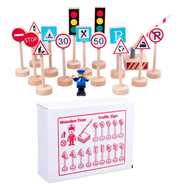 Wooden Road Traffic Signs 15 pcs Wood Pretend Toys for Kids Children Plum Clymene