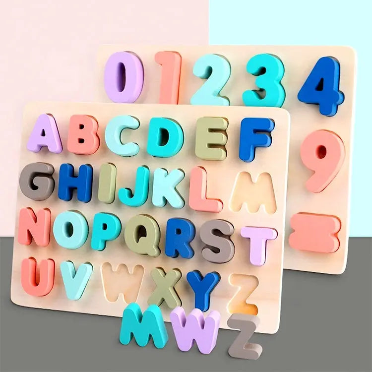 Wooden Puzzle Toy Game - English Letters ABC Numbers Learning for Kids Plum Clymene