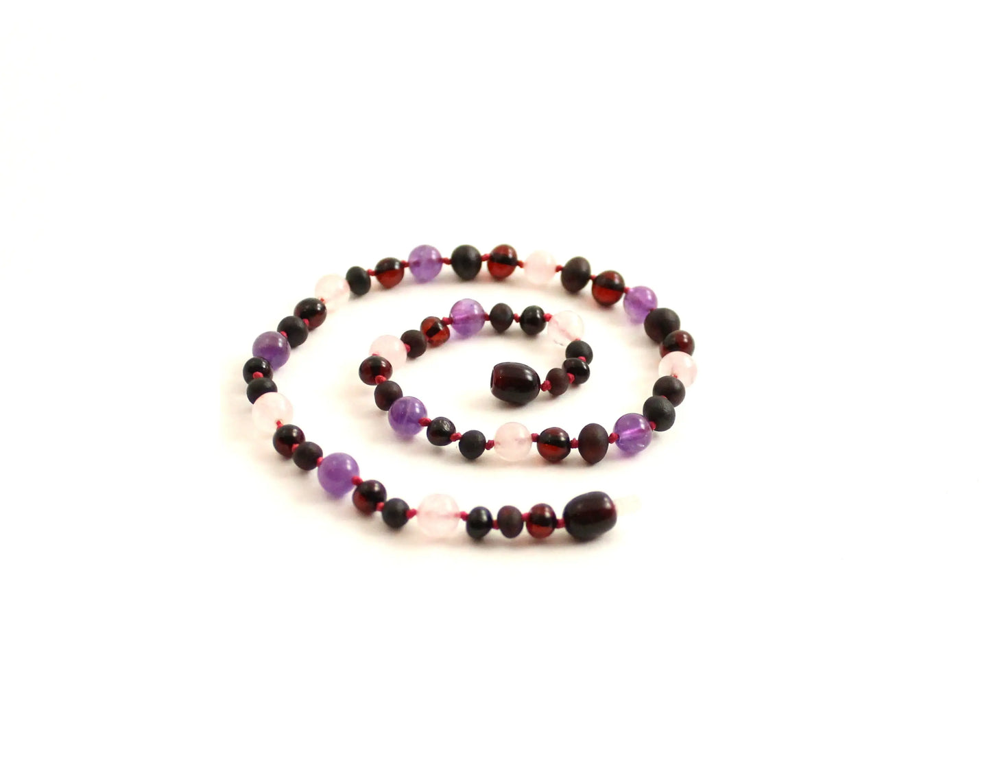 Baltic Amber, Amethyst and Rose Quartz Necklace Children Adult Plum Clymene