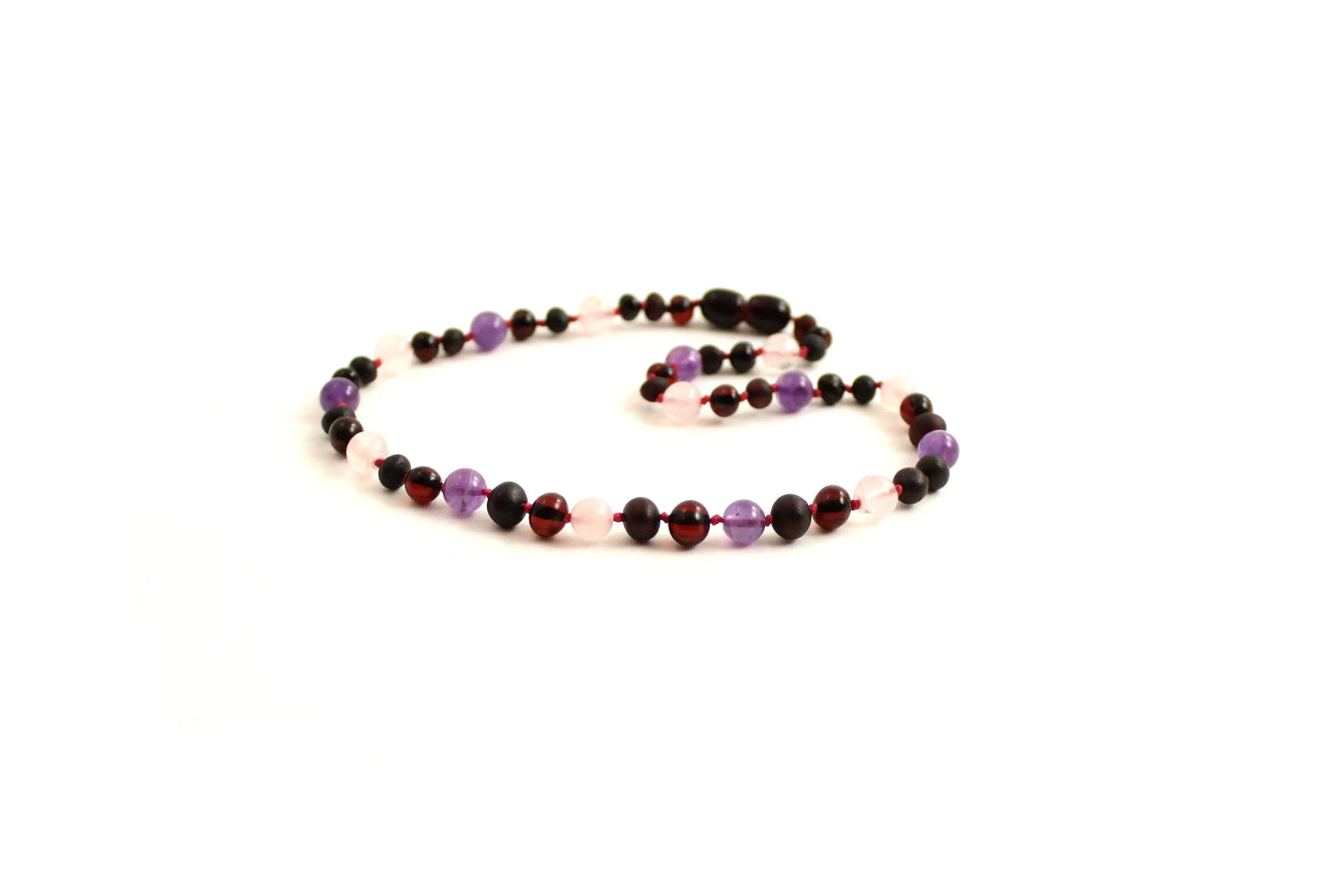 Baltic Amber, Amethyst and Rose Quartz Necklace Children Adult Plum Clymene