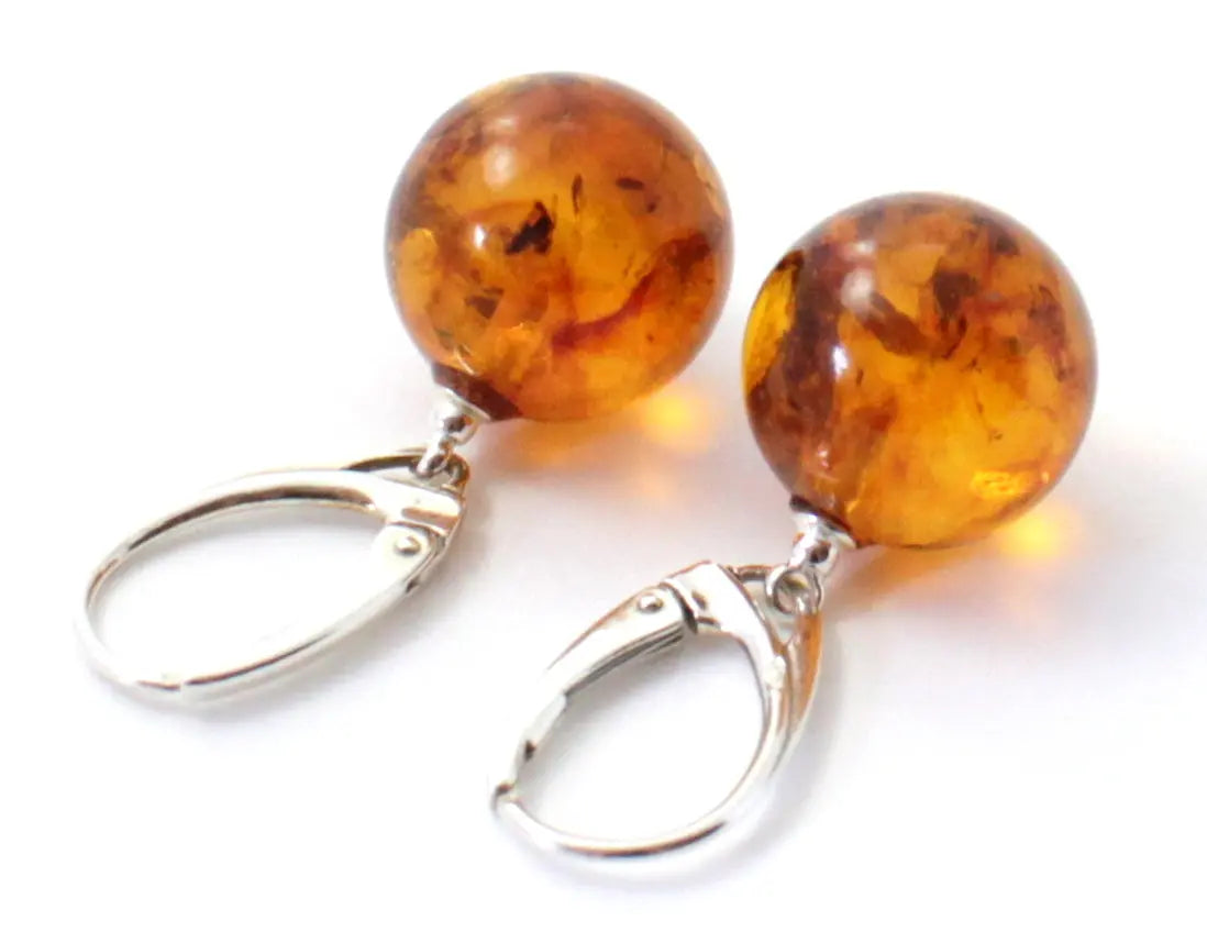 Round Baltic Amber Earrings With Sterling Silver Plum Clymene