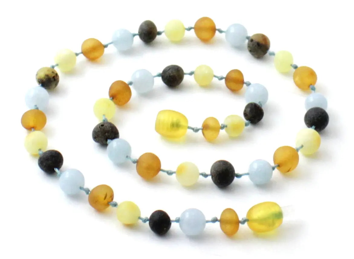 Raw Amber Necklace With Blue Aquamarine Gemstone Beads Plum Clymene