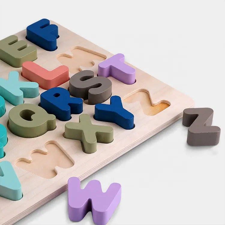 Wooden Puzzle Toy Game - English Letters ABC Numbers Learning for Kids Plum Clymene