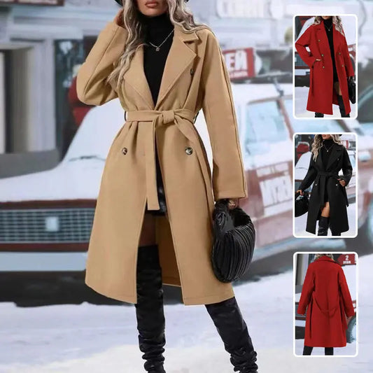 Lapel Double-breasted Trench Coat With Belt Winter Fashion Solid Color Long Jacket Outwear Women Clothing The Zebra Effect