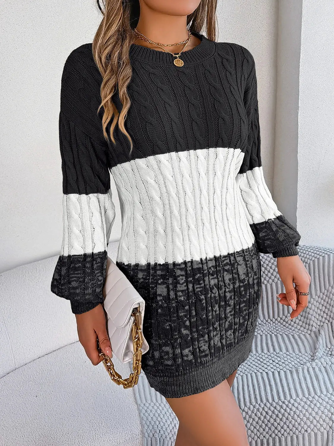 Cable-Knit Round Neck Color Block Sweater Dress Trendsi