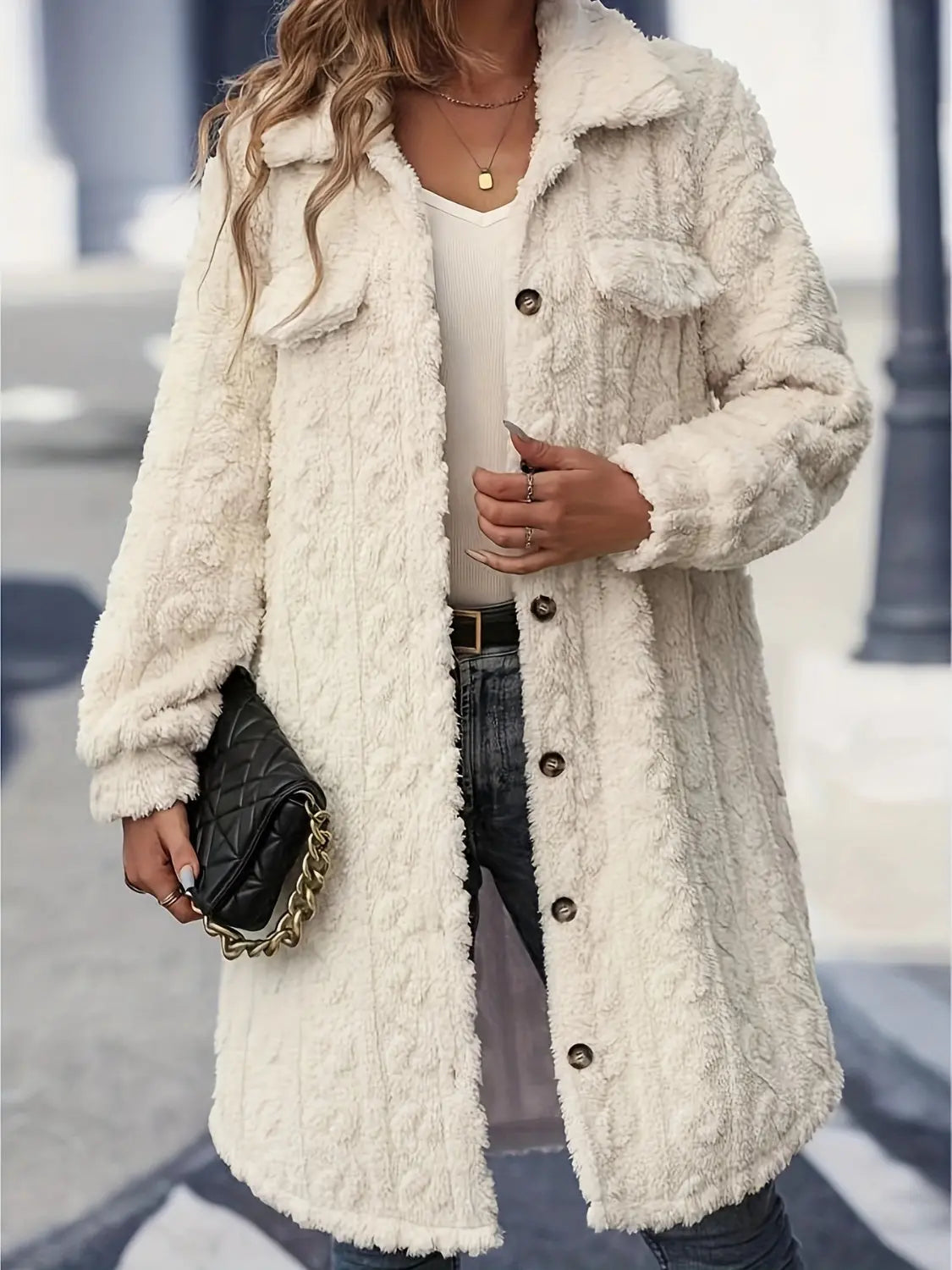 Fuzzy Button Up Long Sleeve Longline Coat Trendsi