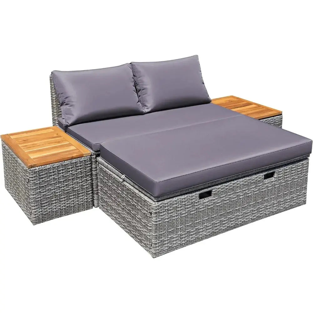 Patio Day Bed with 2 Side Tables Outdoor Daybed Set MultifunctionalRattan Lounge Bed for Backyard Porch Poolside Lawn Beach The Zebra Effect