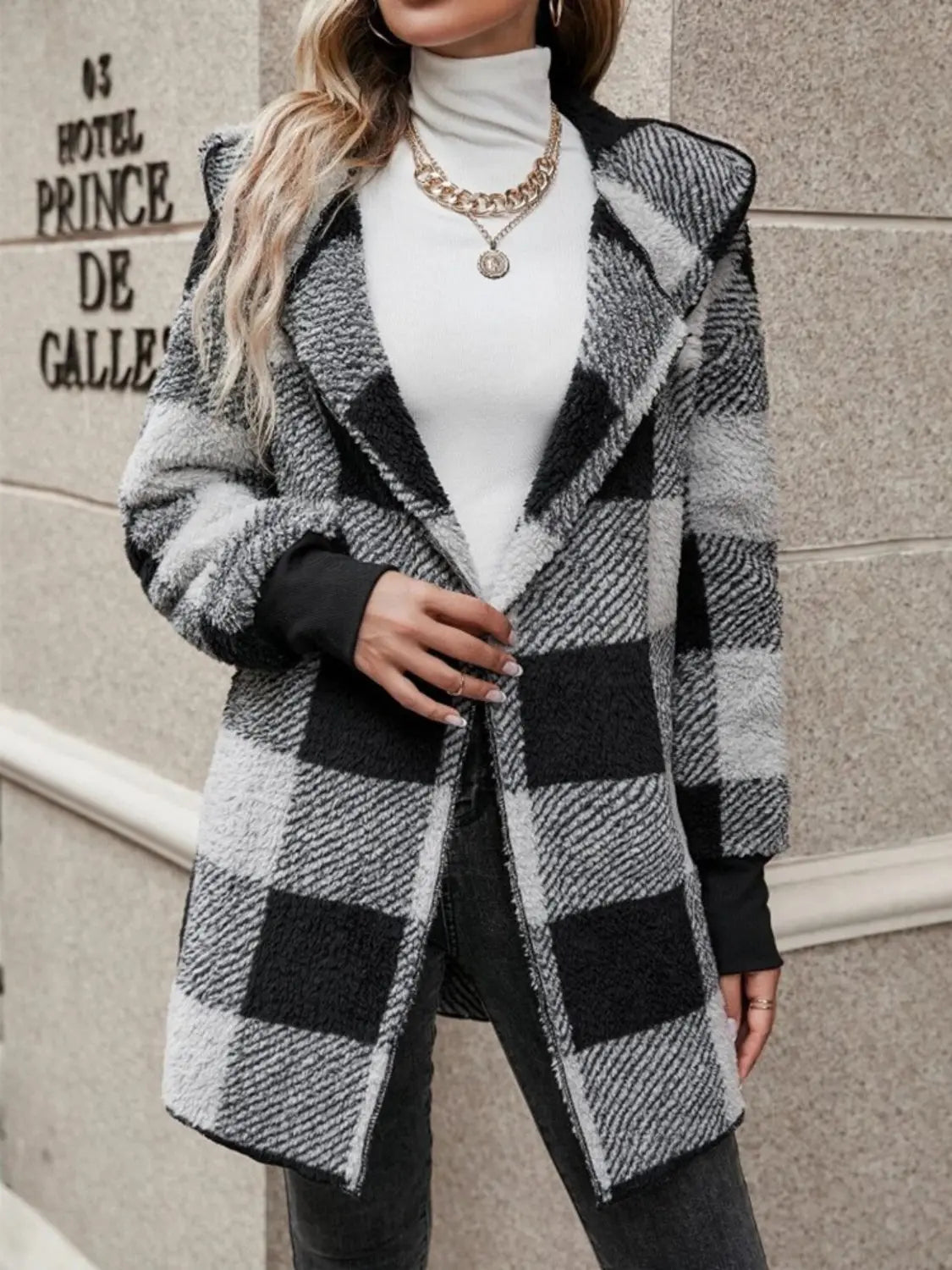 Plaid Long Sleeve Hooded Coat Trendsi