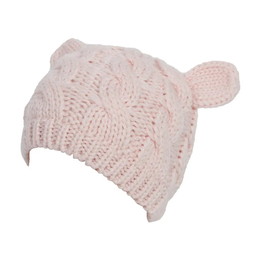 Hand Made 3D Cute Knitted Cat Ear Beanie For Winter Magenta Charlie