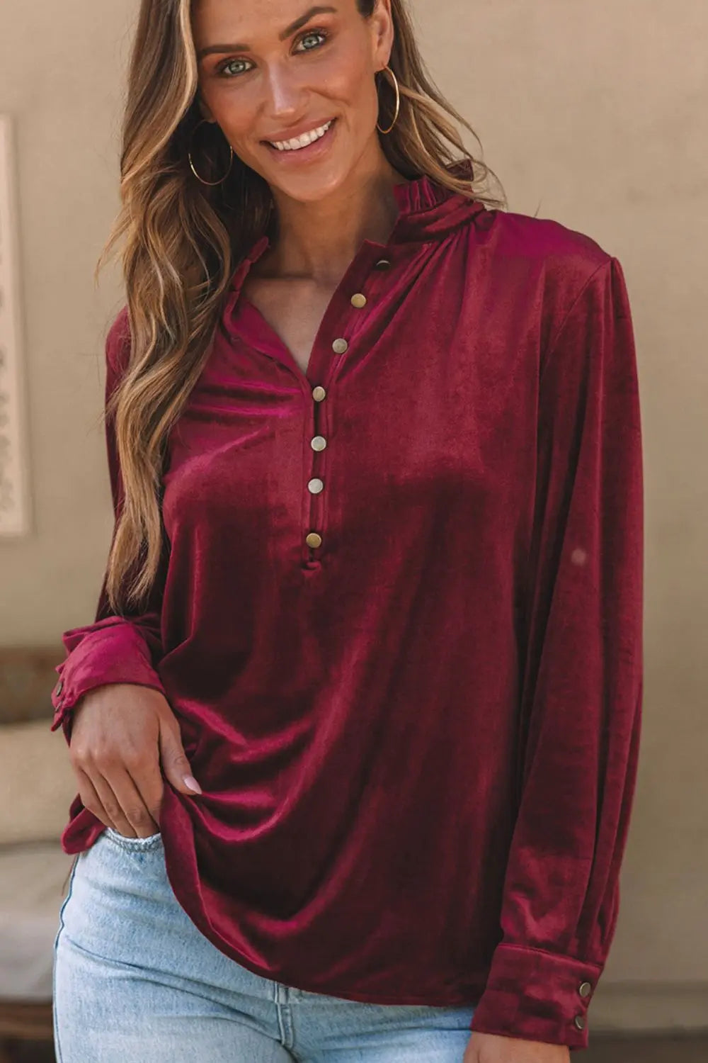 Frill Half Button Mock Neck Long Sleeve Blouse Trendsi