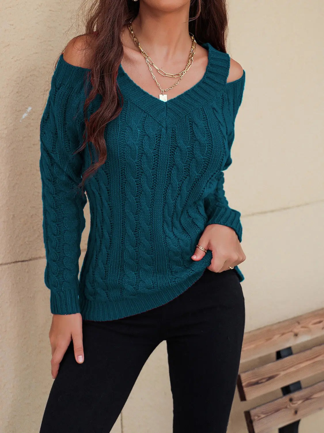 Honey Cable-Knit V-Neck Cold Shoulder Sweater Trendsi