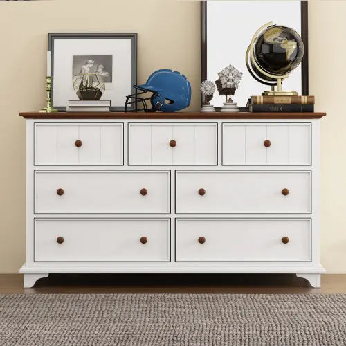 Wooden Captain Seven-Drawer Dresser For Bedroom, Living Room, Kids' Room, White Walnut The Zebra Effect