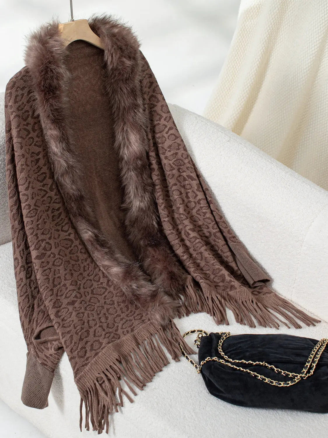 Fringe Leopard Open Front Long Sleeve Poncho Trendsi