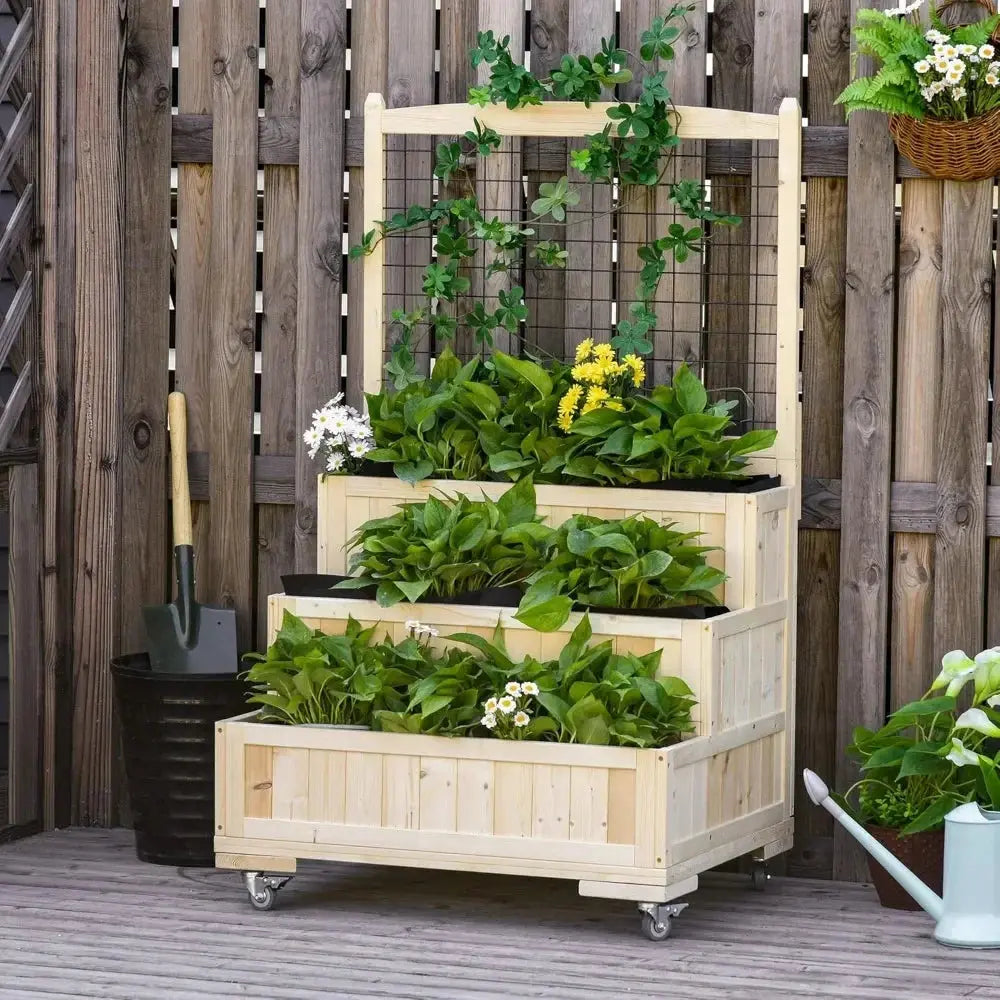 3-Tiers Raised Garden Bed with Trellis, 53" H Vertical Planter Box with Wheels & Back Storage Area, for Flowers, Vegeta The Zebra Effect