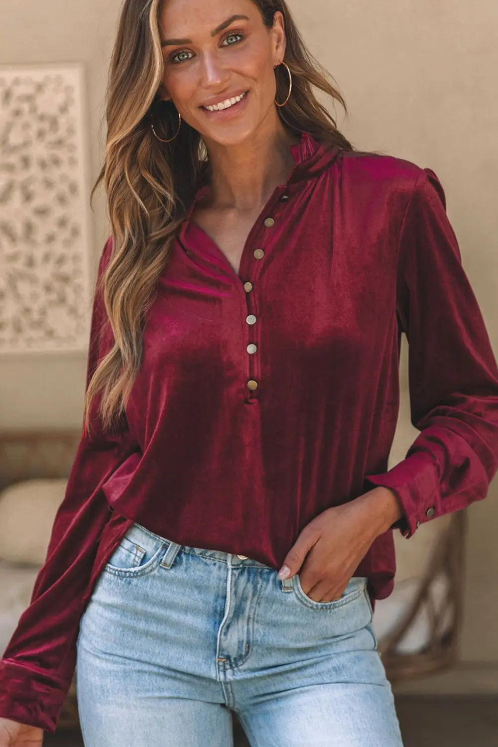 Frill Half Button Mock Neck Long Sleeve Blouse Trendsi