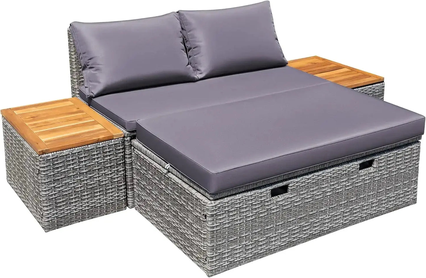 Patio Day Bed with 2 Side Tables Outdoor Daybed Set MultifunctionalRattan Lounge Bed for Backyard Porch Poolside Lawn Beach The Zebra Effect