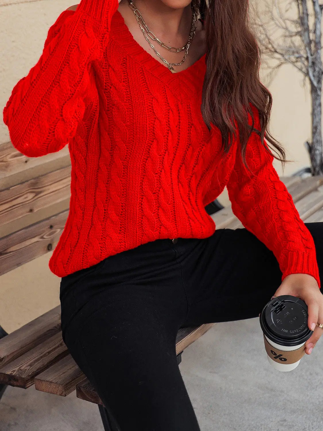 Honey Cable-Knit V-Neck Cold Shoulder Sweater Trendsi