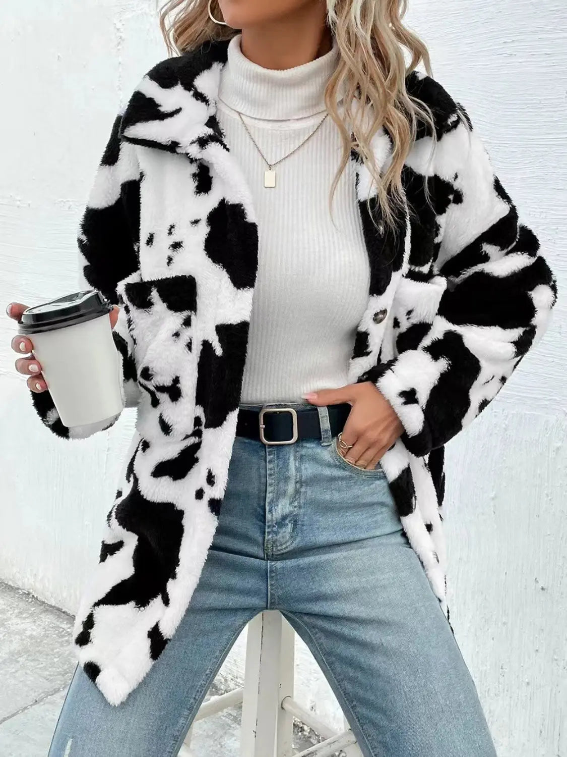 Cow Print Collared Neck Button Up Fuzzy Jacket Trendsi