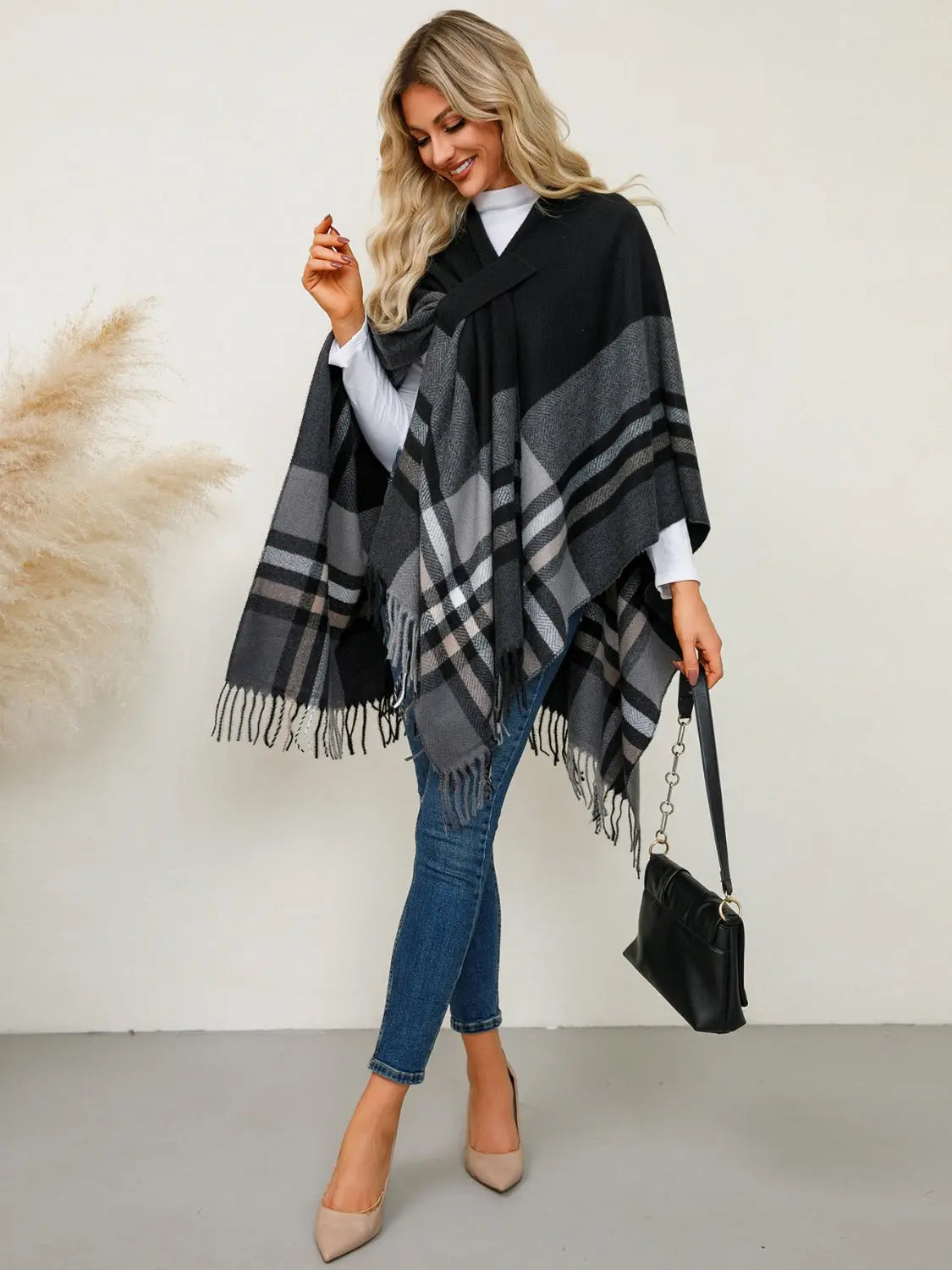 Fringe Contrast Plaid Poncho Trendsi