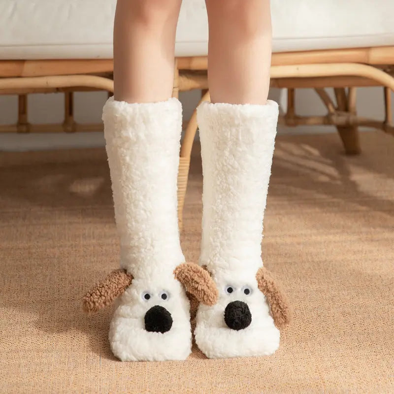 Cute Cartoon Dog Floor Socks Winter Warm Non-slip Plush Socks For Women The Zebra Effect