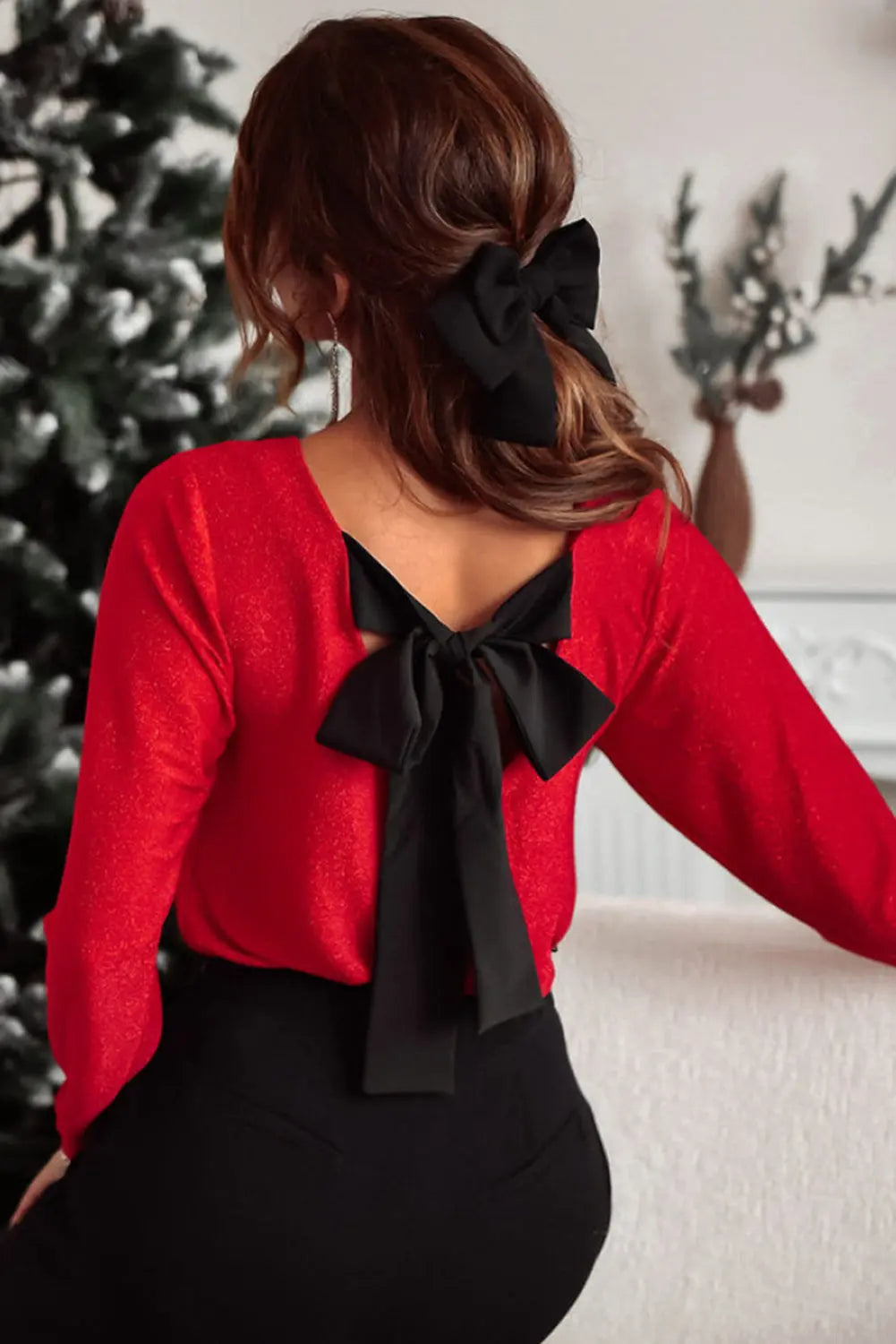 Bowknot V-Neck Long Sleeve Blouse Trendsi