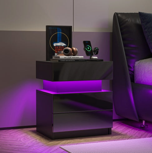 NEW LED Nightstand Modern Black Nightstand With Led Lights Wood Led Bedside Table Nightstand With 2 High Gloss Drawers For Bedroom Magenta Charlie