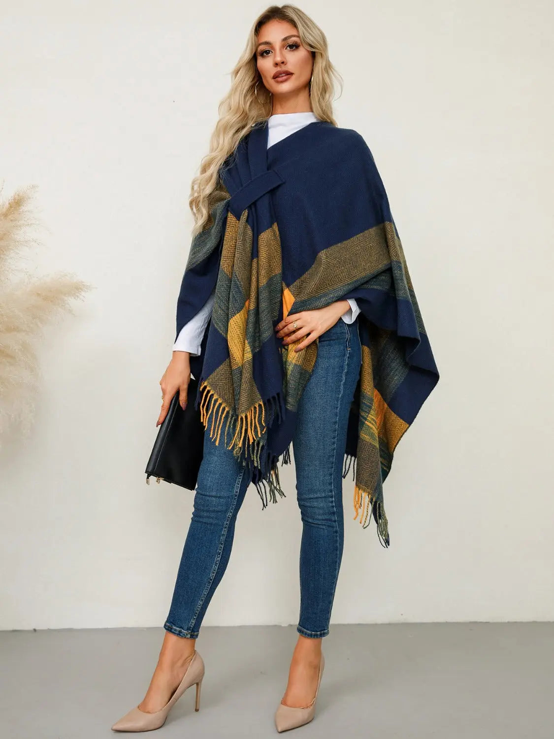 Fringe Contrast Plaid Poncho Trendsi