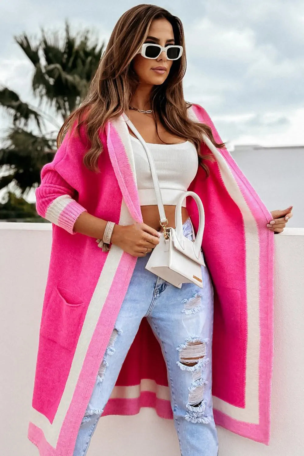 Pocketed Contrast Long Sleeve Hooded Cardigan Trendsi