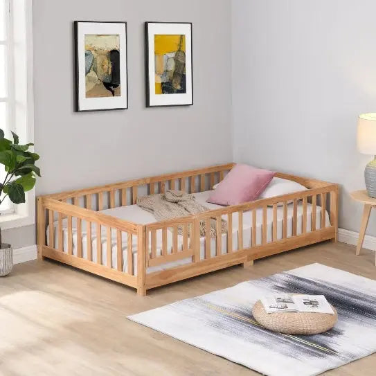 Full Size Floor Bed With Door,Solid Wood Platform Bed Frame With Fence,Suitable For Children,Pine Wood Magenta Charlie