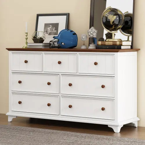 Wooden Captain Seven-Drawer Dresser For Bedroom, Living Room, Kids' Room, White Walnut The Zebra Effect