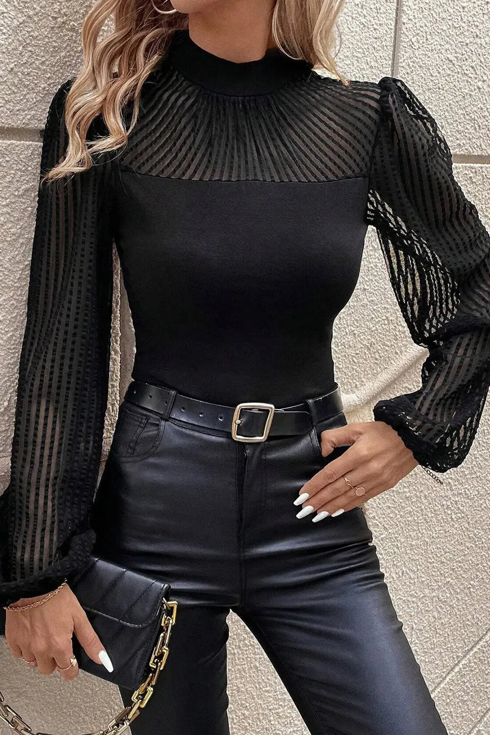 Mock Neck Long Sleeve Blouse Trendsi