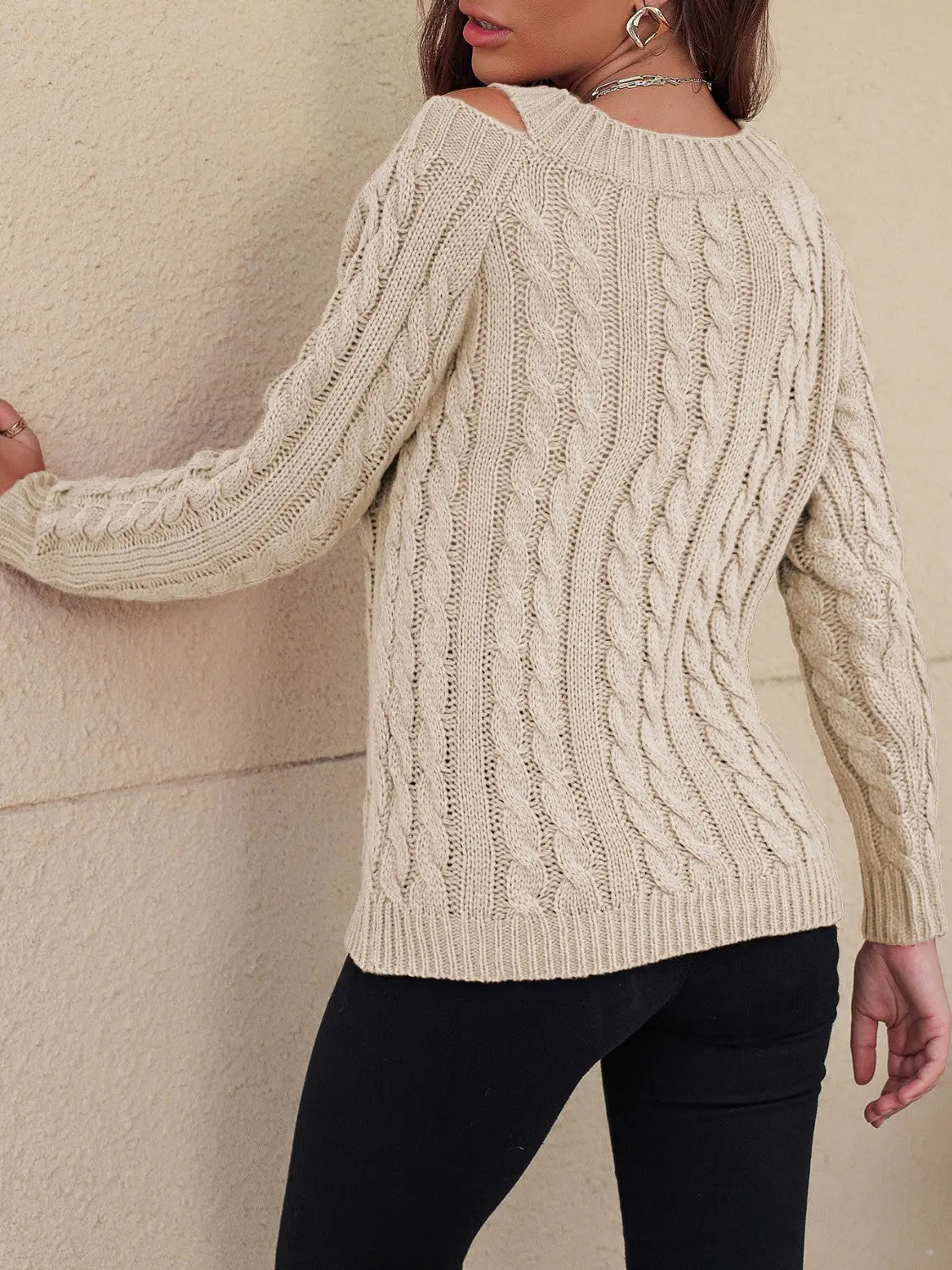 Honey Cable-Knit V-Neck Cold Shoulder Sweater Trendsi