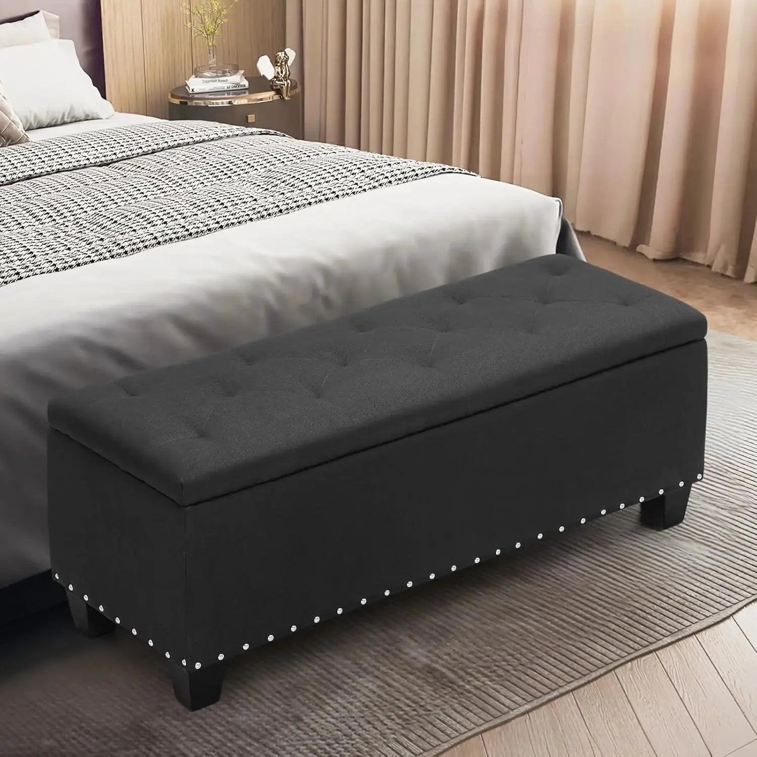 Fabric Storage Chest with Memory Foam Seat Footrest Padded Upholstered Tufted for Bedroom, Holds Up to 660lbs (Linen Black) The Zebra Effect