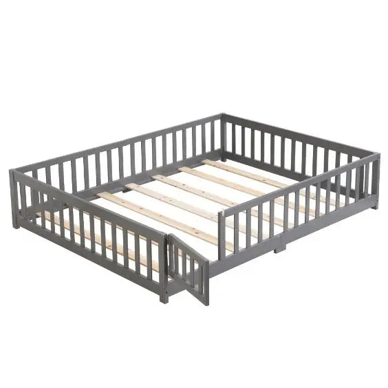 Full Size Floor Bed With Door,Solid Wood Platform Bed Frame With Fence,Suitable For Children,Pine Wood Magenta Charlie