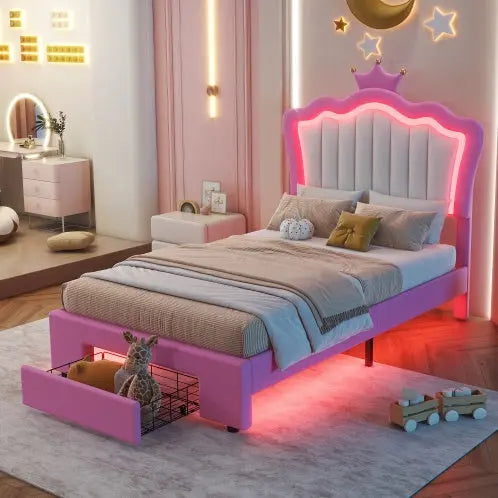 Twin Size Upholstered Bed Frame With LED Lights, Modern Upholstered Princess Bed With Crown Headboard, A Drawer Magenta Charlie