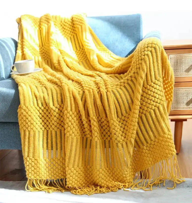 Hand Knitted Tassel Throw Blanket Copper Pallas