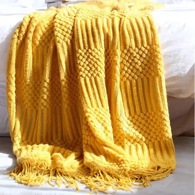 Hand Knitted Tassel Throw Blanket Copper Pallas