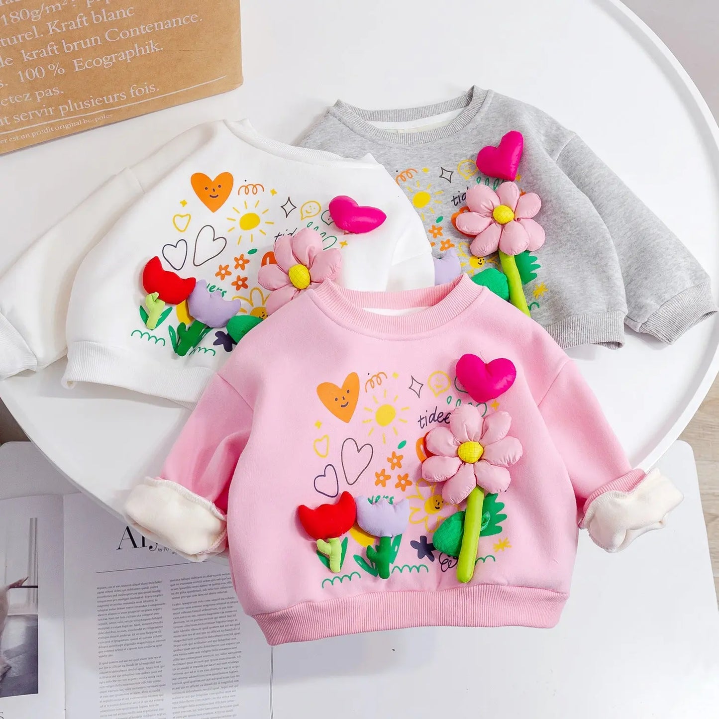 Baby Girl Flower Patched Pattern Thickened Autumn Hoodies Chocolate Lily