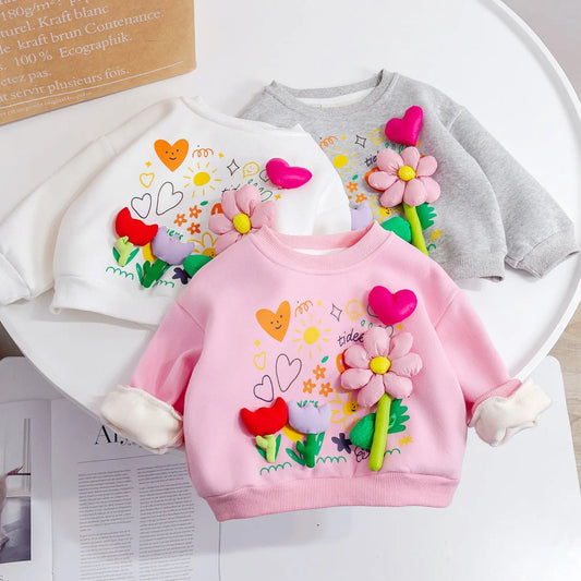 Baby Girl Flower Patched Pattern Thickened Autumn Hoodies Chocolate Lily