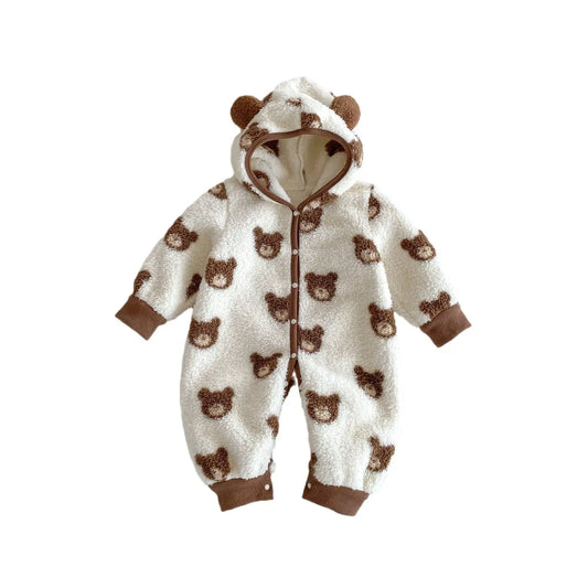 Winter New Arrival Baby Cute Teddy Hooded Design Warm Fleece Rompers Chocolate Lily