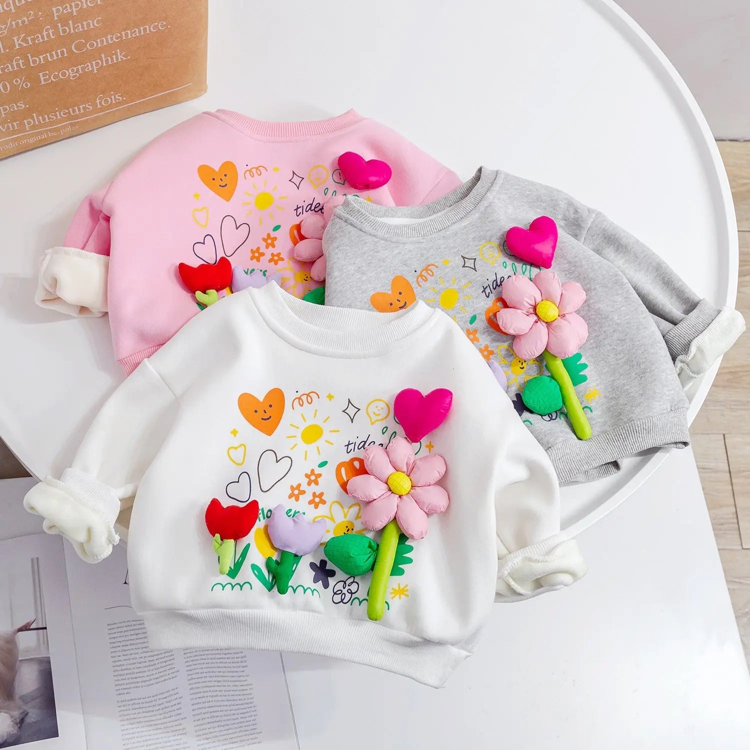 Baby Girl Flower Patched Pattern Thickened Autumn Hoodies Chocolate Lily