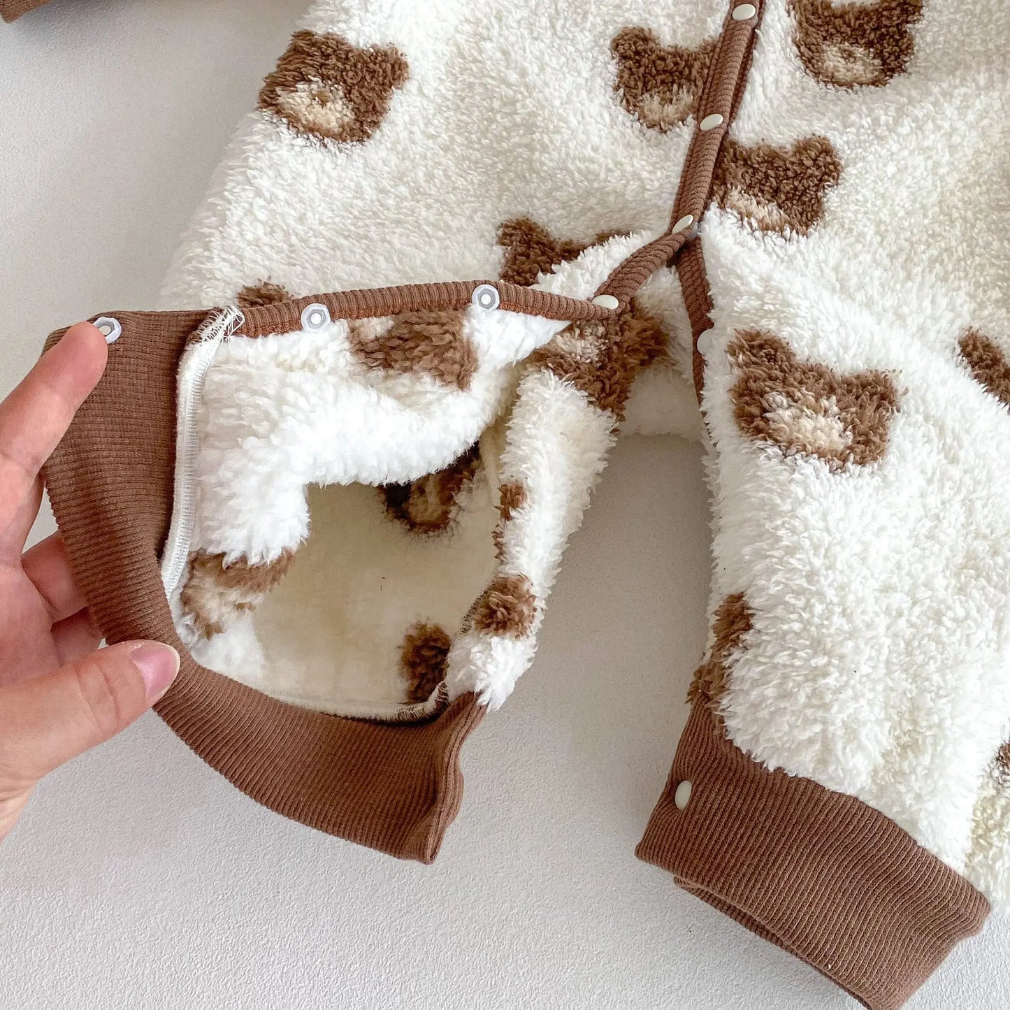 Winter New Arrival Baby Cute Teddy Hooded Design Warm Fleece Rompers Chocolate Lily