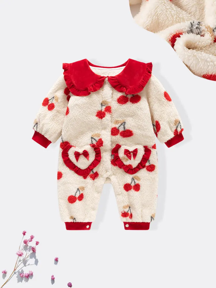 Autumn and Winter New Arrival Baby Girls Cherry Pattern Polar Fleece Chocolate Lily